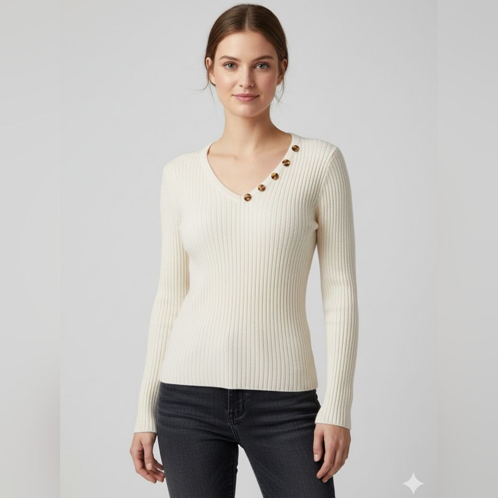 Von Saken Juniors Vintage Ivory Cream V-Neck Ribbed Long Sleeve Top Size 1